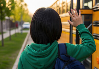 Student in green hoodie waving goodbye to a yellow school bus in the morning on a tree lined street, ready for the school day