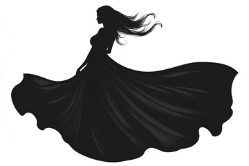 Silhouette of a woman in a long black dress on a white background