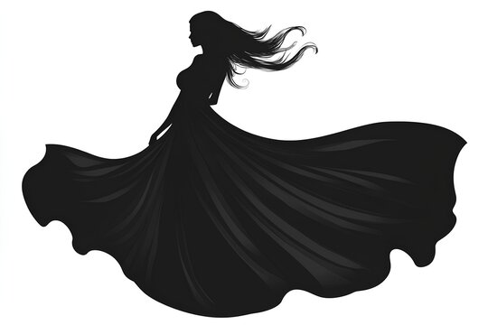 Silhouette of a woman in a long black dress on a white background