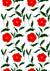 Colorful floral seamless pattern featuring red flowers and green leaves on a white background for creative projects