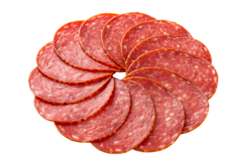 Circular arrangement of salami slices isolated on transparent background, showcasing the texture and color of the meat
