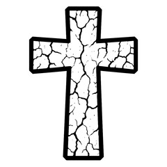 Cracked Christian Cross Vector Art, portraying a deeply distressed and weathered stone texture. This grunge holy symbol in black and white powerfully evokes ancient faith, spiritual resilience, and sa