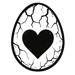 Black and white grunge illustration: cracked egg reveals bold heart. Symbolic artwork portraying fragile love, new beginnings, vulnerability, resilience, transformation, inner strength, enduring hope.