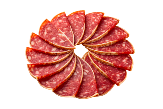 Circular arrangement of salami slices isolated on transparent background, showcasing the texture and color of the meat
