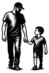 Touching Silhouette of Father and Son Walking Hand-in-Hand, Emphasizing Generational Connection, Parental Guidance, and Childhood Trust in a Striking Black and White Distressed Vector Art Style Illust