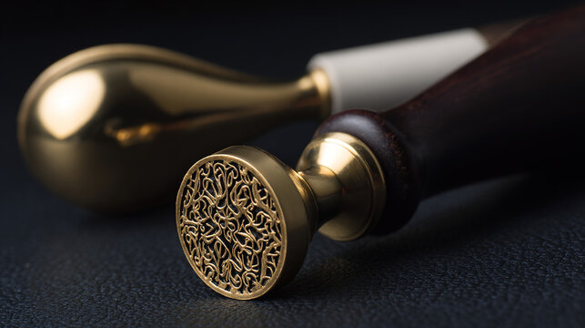 heraldry. A prestigious gold seal stands out against a dark textured backdrop, radiating ceremonial elegance. event programs.