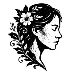 Elegant black and white profile illustration of a serene woman with closed eyes, adorned with intricate floral and leafy motifs gracefully woven into her hair and flowing around her neck, embodying ti