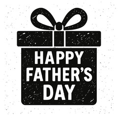 Distressed black and white Happy Father's Day gift box illustration. Grunge, vintage graphic for dad's special day. Stylish present with a bow, bold text. Perfect for cards, banners, digital designs,