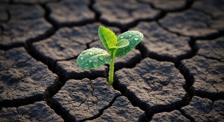Small Green Plant Grows in Dry Cracked Earth