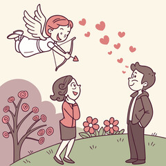 Cupid aiming arrow at couple in love, valentines day celebration concept