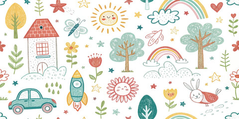 Cute seamless doodle pattern with rainbow, sun, house, trees, bunny, rocket, flowers and stars. Playful kids background for nursery, fabric, wallpaper, wrapping paper and textile design.