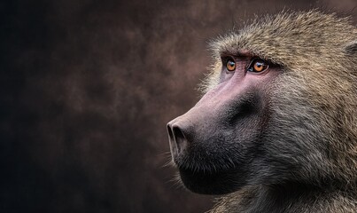 Close-up Portrait of a Baboon with Intense Gaze.