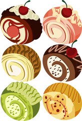 Colorful Swiss Roll Cake Vector Set Cute Cartoon Dessert Illustration