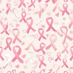 Seamless Pattern of Pink Ribbons and Hearts