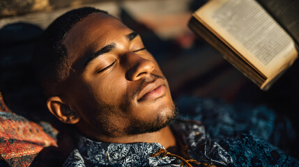 Serene repose with a book: A close-up shot captures a person engrossed in a state of tranquility, lying beside an open book. The warm light of a serene day dapples the face as the eyes are closed.