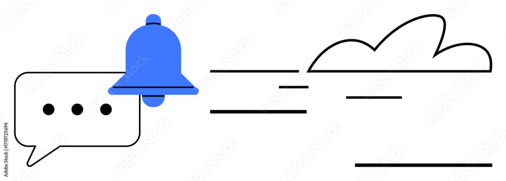 Poster bell inside message bubble with motion lines and cloud for quick alerts, messaging, cloud storage. i