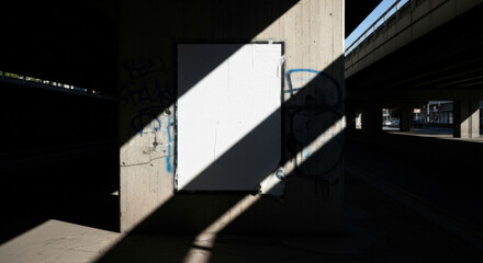 Obraz premium Vertical White Rectangular Panel with Sharp Diagonal Sunlight and Shadow.