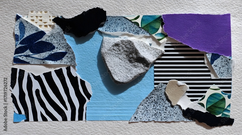 Poster a visually striking abstract composition featuring a collage of layered and torn materials in a rang