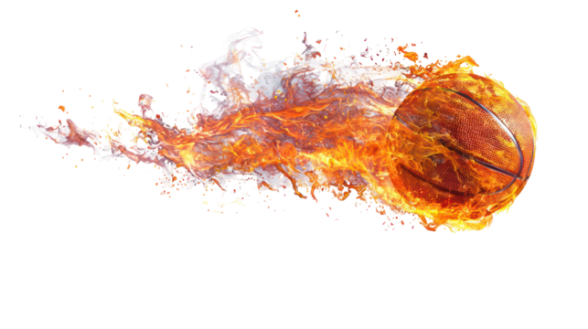 Basketball engulfed in flames isolated on transparent background