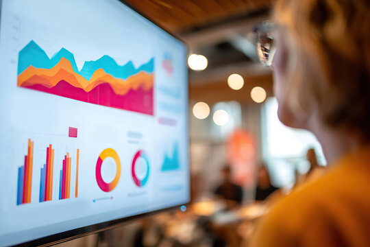 Large screen displays financial data analysis during business meeting in modern office setting