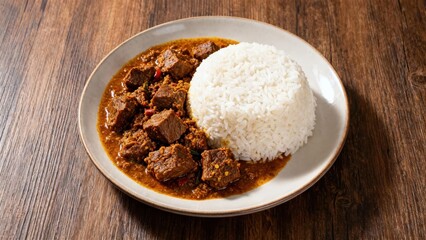 A plate of flavorful beef curry served with a generous portion of fluffy white rice, showcasing a rich, warm, and inviting culinary scene.