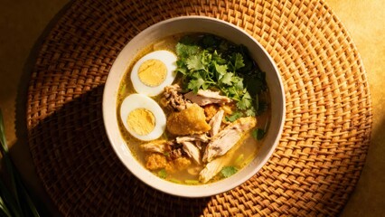A bowl of flavorful chicken soup, garnished with fresh cilantro and hard-boiled eggs, sits on a woven placemat, bathed in natural light.