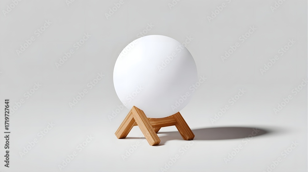 Poster a simple, modern white spherical light fixture resting on a minimalist wooden display stand, creatin