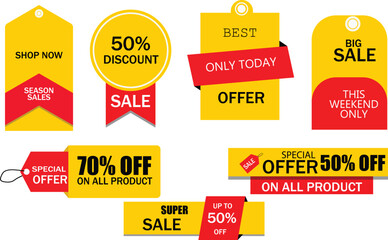 A collection of yellow and red sale tags advertising various discounts and special offers.