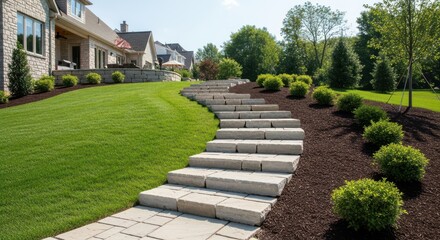 Beautiful Stone Staircase Ascending a Lush Green Hillside Landscape