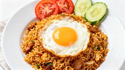 Delicious fried rice dish with a fried egg, garnished with vegetables, served on a white plate.