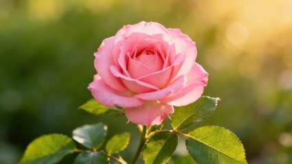 A radiant pink rose blooms brightly, bathed in golden sunlight, showcasing delicate petals and lush greenery.