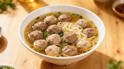 A hearty bowl of beef ball soup with noodles, showcasing the rich broth and tender meatballs.