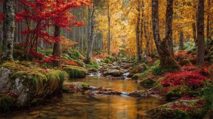 autumn stream forest red gold leaves