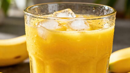Refreshing, vibrant yellow smoothie in a glass with ice cubes, showcasing a healthy beverage.