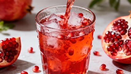 Refreshing pomegranate drink poured over ice in a glass, surrounded by pomegranate fruits.