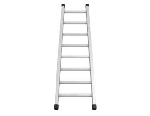 A straight, white ladder with seven rungs positioned vertically against a plain black background.