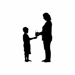 Silhouette of a caring son giving water to his sick mother isolated on white background