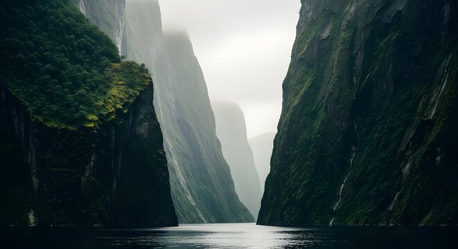 Majestic fjord landscape with towering cliffs and reflective water under a cloudy sky