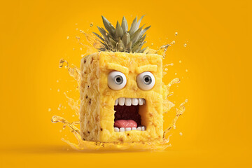Surprising pineapple character with exaggerated features bursts from yellow background, showcasing animated expression and playful design