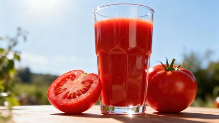Refreshing tomato juice and fresh tomatoes on a sunny day.