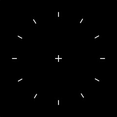 Minimalist clock face with white hour markers on black background. Simple time template design for modern UI, apps and contemporary graphic design projects.