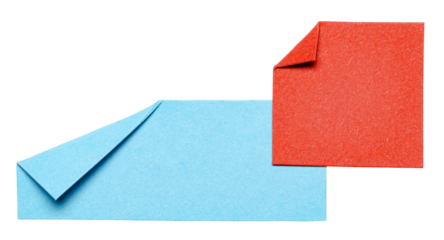 Two blue red overlapping isolated cut out blank paper notes with folded corner dog-ear earmark and copy space for text, transparent png background design element