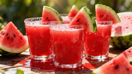 Refreshing watermelon smoothies in glasses, garnished with watermelon slices, displayed on a wooden surface under sunlight.