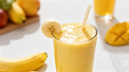 A refreshing, vibrant smoothie, featuring a delightful blend of mango and banana, sits in a clear glass, ready to be enjoyed.