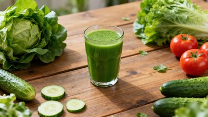 Vibrant green smoothie sits on a wooden surface surrounded by fresh vegetables.