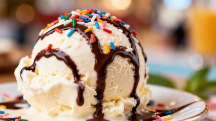 view of a scoop of vanilla ice cream drizzled with melted chocolate and topped with colorful sprinkles.