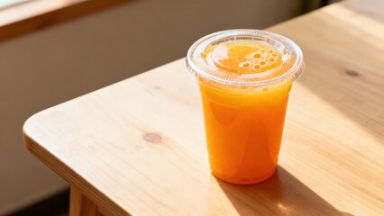 A clear plastic cup filled with vibrant orange juice sits on a light wooden table, catching the sunlight.