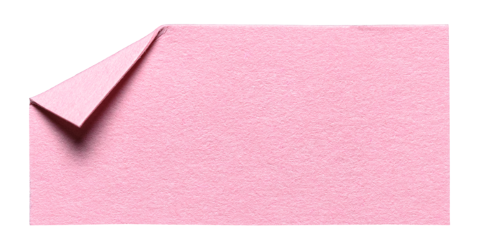 Pink isolated cut out blank paper note with folded corner dog-ear earmark and copy space for text, transparent png background design element