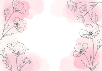 Delicate poppy flower outline with soft pink watercolor background