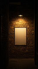 Blank Rectangular Frame Illuminated by a Warm Spotlight on a Dark Brick Wall.